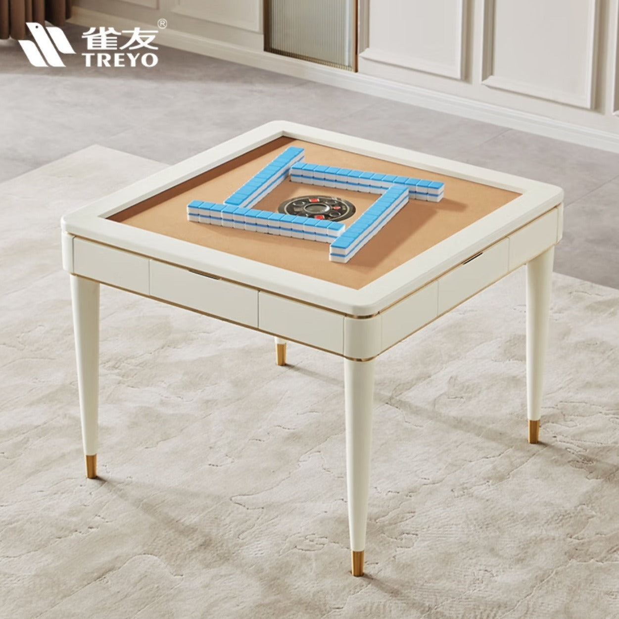 雀友 H520T  簡約現代 家用實木 旋翼麻將機 (過山車) 附蓋板 White/Gold Color 4-Leg Dining Table (Rollercoaster) with Cover